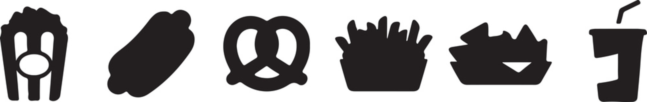 Black Fast Food Silhouette Icons Set, Popcorn Hot Dog Pretzel Fries And Drink Collection