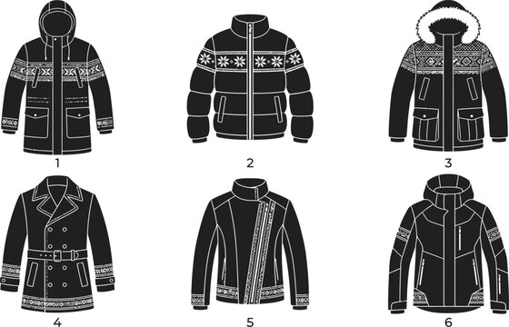 Winter outerwear jackets flat vector graphic featuring winter coats, parkas and puffer apparel