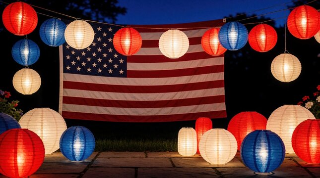 American flag hangs in backyard at night. Colorful paper lanterns glow in red white, blue colors. Festive decorations illuminate patio for 4th July celebration Independence Day party. Patriotic