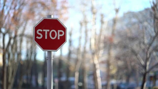 Red octagonal stop sign on a metal pole against blurred autumn trees and a clear blue sky.