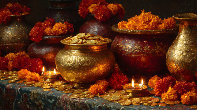 Dhanteras Festival &ndash; Golden Kalash with Coins, Diyas and Marigold Flowers on Blue Background