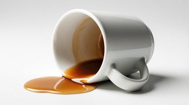 White ceramic mug spills hot brown coffee on plain surface. Liquid mess from cup accident on table. Spilled drink creates puddle in kitchen office. Morning beverage mishap with dark caffeine liquid