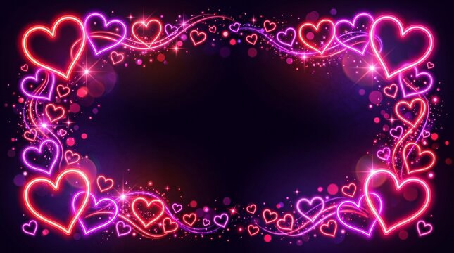Neon hearts frame border with colorful swirls and sparkles  