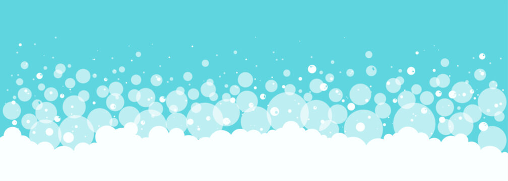 Bubble foam background, bath soap pattern. Cartoon water laundry, wash clean bg. Blue and white abstract splash ball horizontal border, baby care wallpaper. Bubbles suds texture. Vector illustration
