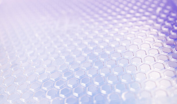 Macro close up of plastic packaging texture with geometric hexagon grid pattern in soft pastel purple. Clean industrial background for manufacturing, product design, or medical blister pack concept.
