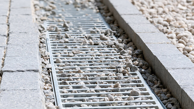 Metal drainage grate with small stone gravel pieces installed in a concrete paver walkway pathway for outdoor water management solution