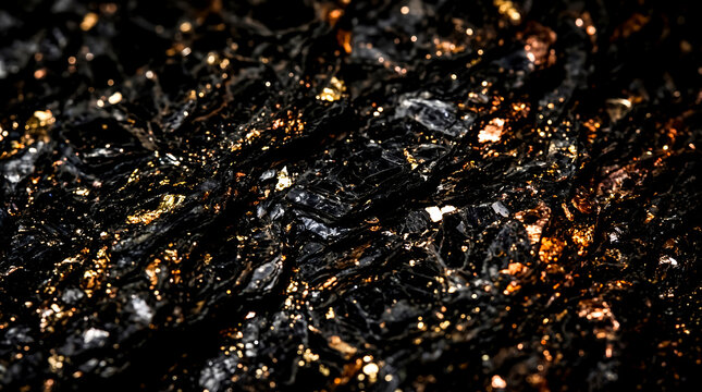 Macro texture of natural black mica mineral with golden highlights and glossy crystal surface detail