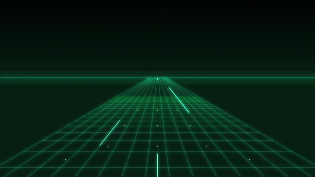Futuristic green digital grid tunnel motion graphic for tech data flow and virtual reality speed environment simulation