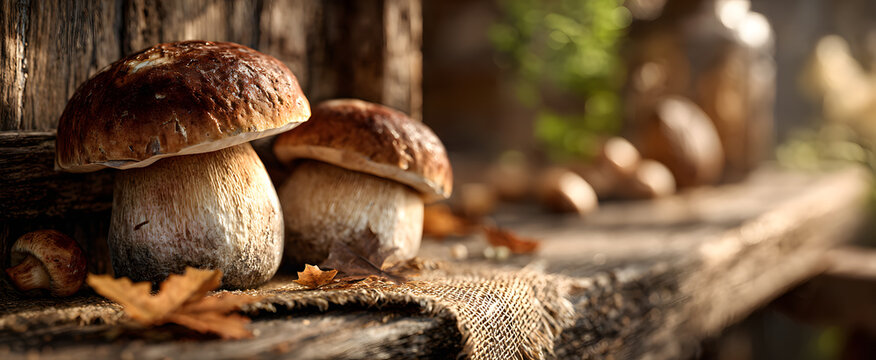 The Porcini Mushrooms on Rustic Wooden Table with Warm Natural Light