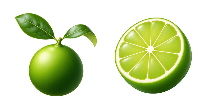 Lime illustration. Whole lime, cut half. Green citrus fruit. Fresh foliage. Smooth digital painting. Lime pulp, pale pith, radial segments. Food ingredients. Transparent background. Gentle highlights.