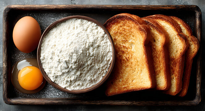 Top view of a dark tray with a bowl of flour, a whole egg, and three slices of toasted bread, representing baking ingredients and a simple meal