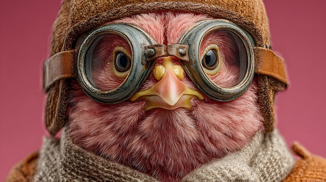 A pink chick wearing vintage aviator goggles and a pilot cap stands against a flat background, embodying a bold spirit of adventure and self-expression