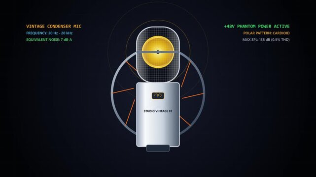 Professional studio condenser microphone for high quality sound recording and broadcast gear layout with technical specifications on dark background