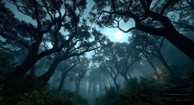 Dark forest at night with twisted trees, full moon, glowing mist, cinematic horror atmosphere, ultra realistic halloween