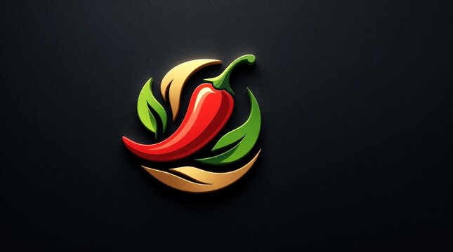 Minimalist logo design with red chili pepper, green leaves. Creative spicy food icon features hot pepper swirl in gold circle. Illustration suitable for restaurant branding, organic food label, hot