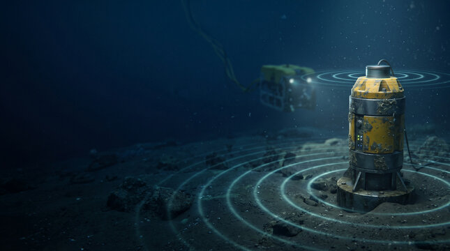 Submersible underwater sensor device emitting sonar waves near a research ROV, symbolizing deep sea exploration and oceanographic technology