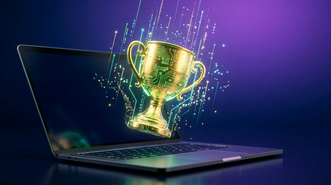 Golden trophy with circuit board pattern emerges from laptop screen, symbolizing digital success and online gaming achievements