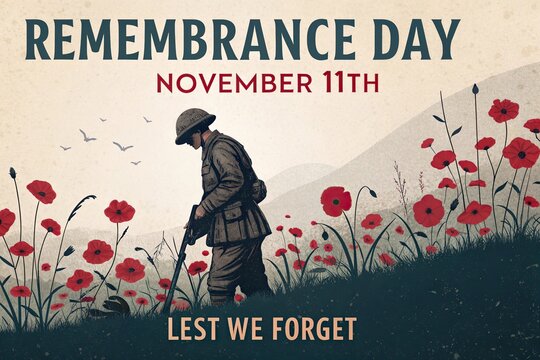 Remembrance Day November 11 Memorial Poster With Soldier Helmet And Red Poppies
