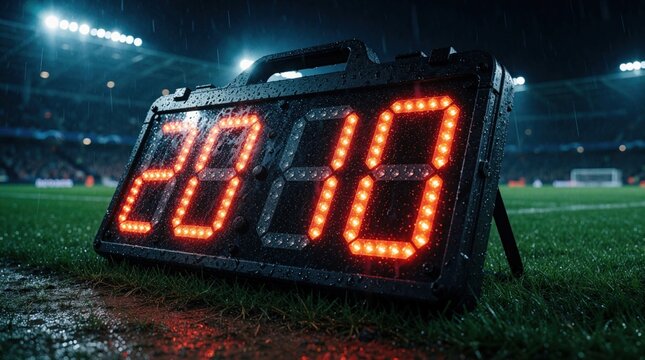 Electronic digital substitution board with glowing red neon numbers on soccer pitch. LED display shows time in rain at football stadium. Equipment sits on wet grass during match. Sports technology