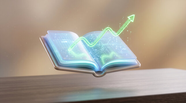 Open book with glowing graph showing financial growth and business success on a wooden table, conceptualizing knowledge investment
