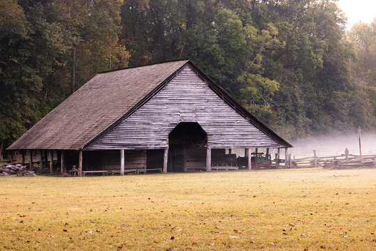 Old Log Barn Farm Building at Oconaluftee Visitor Center in Great Smoky Mountains National Park