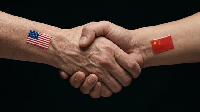 Symbolic Handshake Between the Usa and China, Representing International Relations and Diplomacy, Business Collaboration, and Global Partnership on a Dark Background