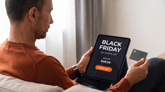 Black Friday shopper reviewing discounted tablet offer while holding credit card on sofa