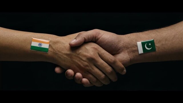 Symbolic Handshake Between India and Pakistan Flags, Representing Peace and Diplomatic Relations Through Unity and Cooperation