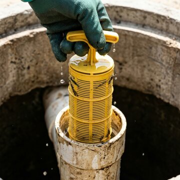 Worker removing an effluent filter from a drain