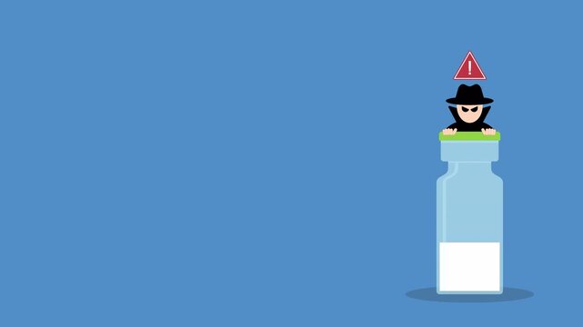Fake peptide vial. Peptide with criminal selling illegal drugs. Fake drugs, pharmaceutical. Symbolic for harmful counterfeit pills, risk and danger of illegal produced and sold pharmaceuticals.