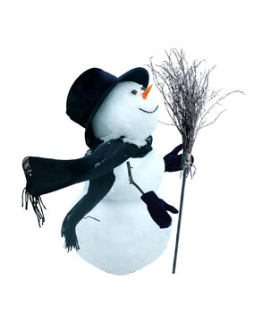 Cute snowman in a black top hat and scarf
 with a broom