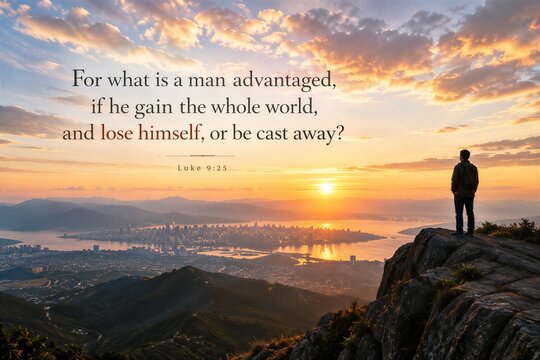 Biblical Scripture from Luke 9:25 on Poster, Evoking Self-Reflection, Spirituality, and Existential Contemplation.