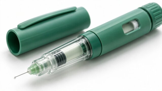 Semaglutide GLP-1 agonist pen injector for subcutaneous diabetes and obesity treatment, isolated on a clean white surface with a green color.