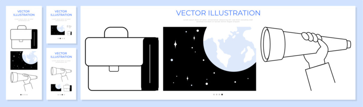Business briefcase and telescope looking at the moon landing page banner. Strategy, vision, exploration, growth, future, success. Professional luggage and spyglass observing space planet