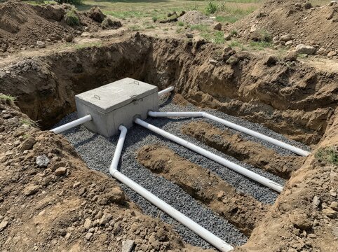 Distribution box and pipes in an excavated ground site