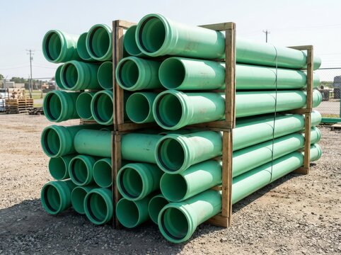 Green sewer pipes stacked at an outdoor storage yard