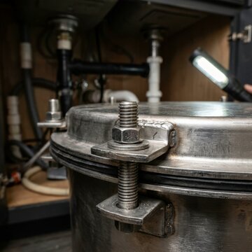 Steel grease trap secured with bolts in a workshop