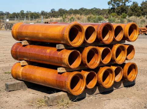 Clay sewer pipes stacked at an outdoor storage yard