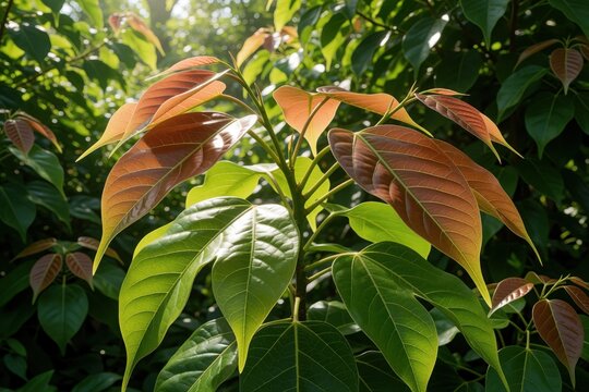Closeup of camphor tree with reddish new leaves, green foliage. Cinnamomum camphora plant grows in Florida tropical nature. Sunlight shines through bright evergreen branches in sunny forest park