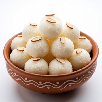 Bowl of white rasgulla Indian sweets topped with almond slices. Traditional dairy dessert in clay bowl on white background. Sweet milk balls served for Diwali festival, wedding party, celebration.