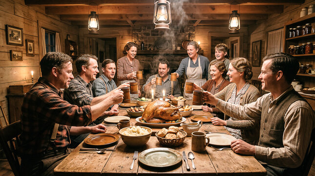 rustic thirties farmhouse setting displaying a large roasted turkey on a wooden dining table surrounded by eager guests raising wooden mugs under warmly glowing rustic iron lanterns