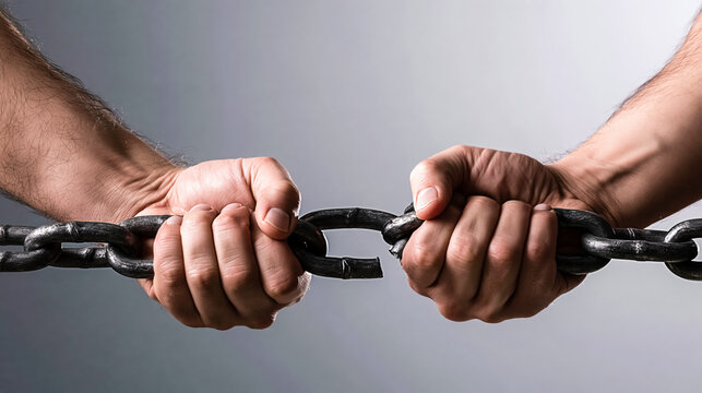 Strong hands pulling apart metal chain links on gray background. Breaking free, freedom, strength, liberation, overcoming obstacles and power concept with large copy space for text.