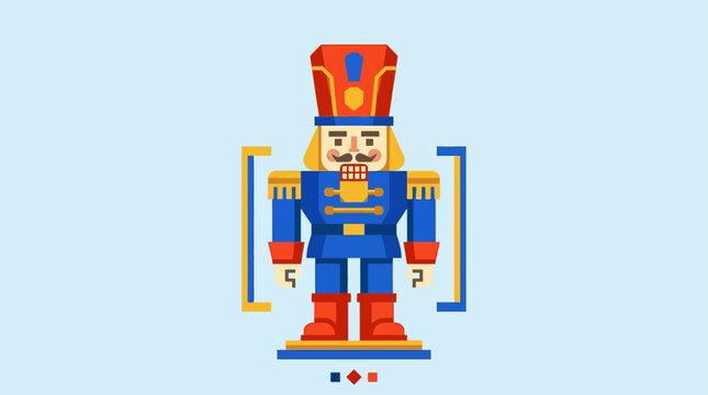Flat vector illustration of a stylized wooden nutcracker soldier in a blue uniform with standing uniform decorative decorative details light illustration toy traditional celebration minimalist