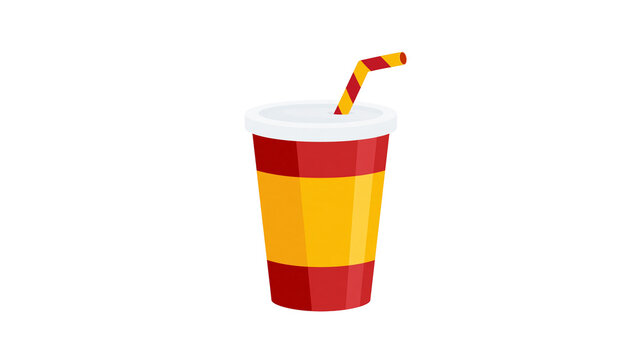 Isolated cartoon soda cup with striped straw, refreshing fast food beverage, vector illustration
