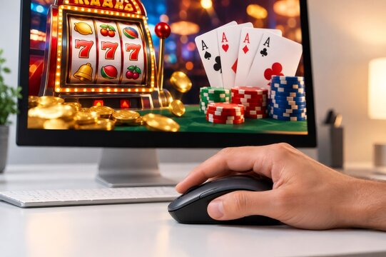 Online casino gambling on computer with slot machine and poker chips
