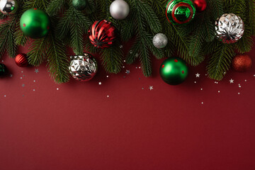 Christmas ornaments and pine branches frame on maroon red background for New Year greetings © ActionGP