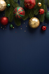 Arranging ornaments and pine branches for New Year greetings on blue vertical copyspace © ActionGP