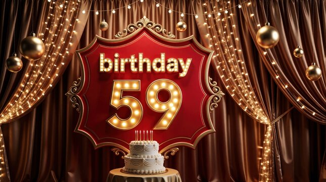 Elegant 3D birthday backdrop with red sign, gold number 59. Luxury party scene features white cake with candles on table. Golden ornaments, glowing light strings hang on brown curtains for festive