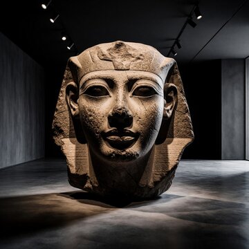 Ancient Egyptian stone sculpture head sits in dark modern museum gallery. Massive sandstone pharaoh statue displays detailed face, nemes headdress. Historical artifact exhibits classic art style