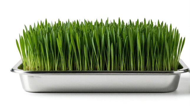 Fresh green wheatgrass grows in silver metal tray on white background. Young sprouts symbolize spring holiday Navruz. Organic plant life provides nutrition, vitality. Healthy plants represents